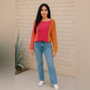 NEW York & CO Color Block Pink/Orange One Shoulder Slit Crochet Slouchy Sweater